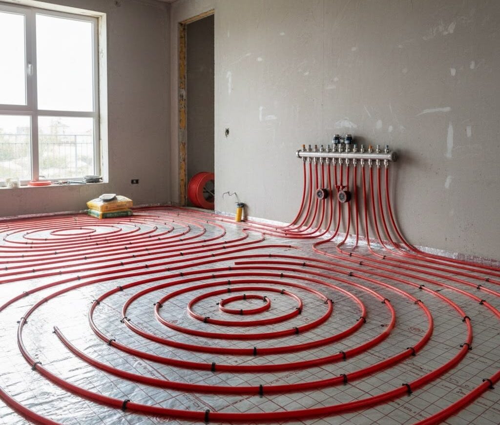 Распределительный коллектор направляет теплоноситель по петлям труб, обеспечивая равномерный прогрев всей площади помещения.  📷
