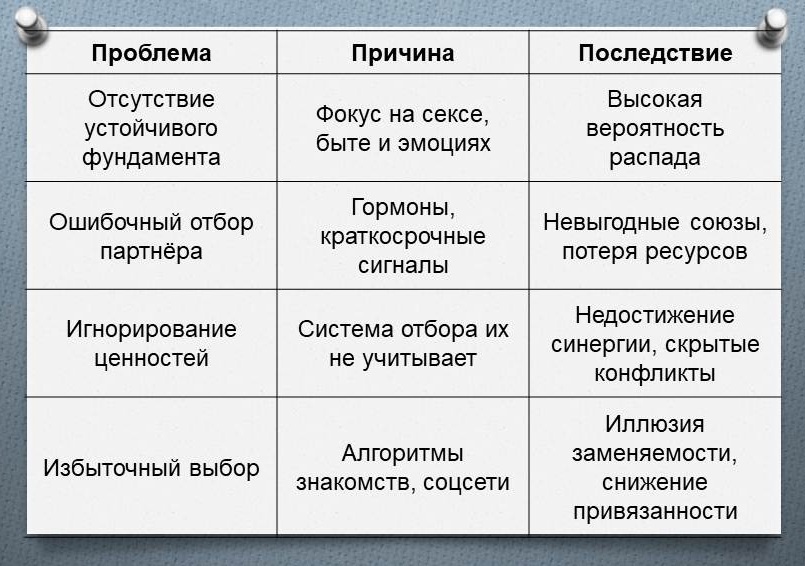 Современные отношения строятся на сексе, бытовой совместимости и эмоциональной интенсивности. Эти факторы нестабильны и плохо прогнозируемы. Человеческий выбор часто ориентирован на краткосрочные сигналы: гормоны, внешность, эмоциональный отклик. Алгоритмы знакомств усугубляют ситуацию, создавая иллюзию бесконечного выбора и заменяемости партнёров. В результате союзы часто оказываются нестабильными, расходуются ресурсы и теряется синергия. Единственный устойчивый фундамент — это ценности: отношение к ответственности, совместные модели принятия решений, способность разрешать конфликты и долгосрочные горизонты планирования.