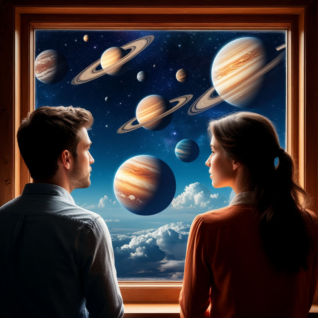 Молодая, модная дикторша, с непроницаемым лицом, объяснила нам, что Земля, влетев в черную дыру вслед за остальными планетами, оказалась совершенно в другой Галактике, которая теперь насчитывает пятьдесят две планеты, тридцать четыре из которых можно в настоящий момент наблюдать на небосводе без специальных приспособлений