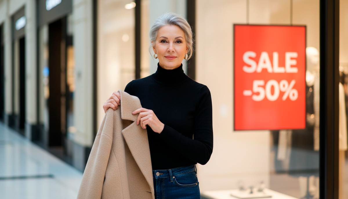 Именно так выглядит разумный шопинг на распродажах! Не хаотичные покупки, а осознанный выбор качественных вещей. Обратите внимание на уверенность в глазах - женщина знает, что ищет. В руках базовое пальто идеального цвета, которое прослужит годы. 