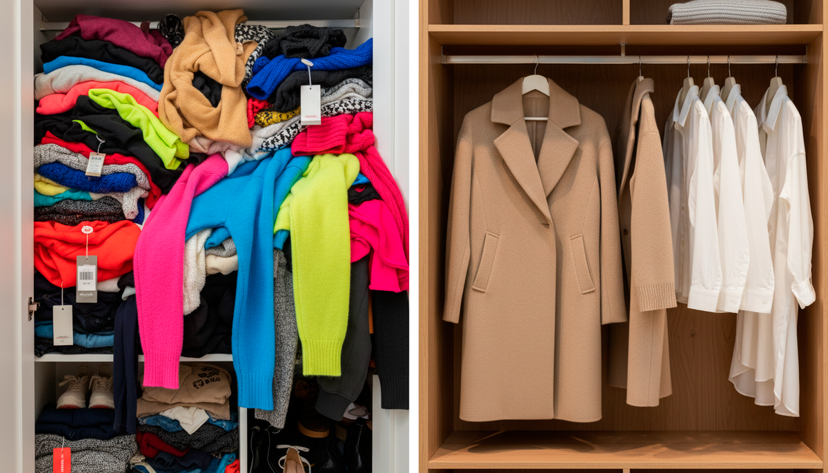 Видите разницу? Слева - результат спонтанных покупок на распродажах: куча вещей с бирками, которые так и не были надеты. Справа - осознанный гардероб: несколько качественных базовых вещей, которые носятся годами. 