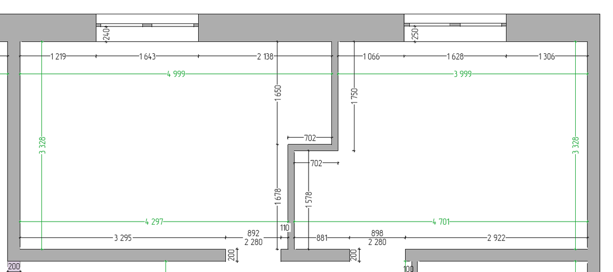 Фрагмент обмерного плана с указанием размеров.