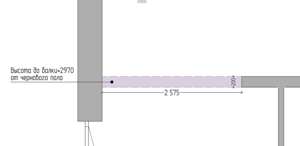 Фрагмент обмерного плана с указанием размеров балки и ее высоты от пола.