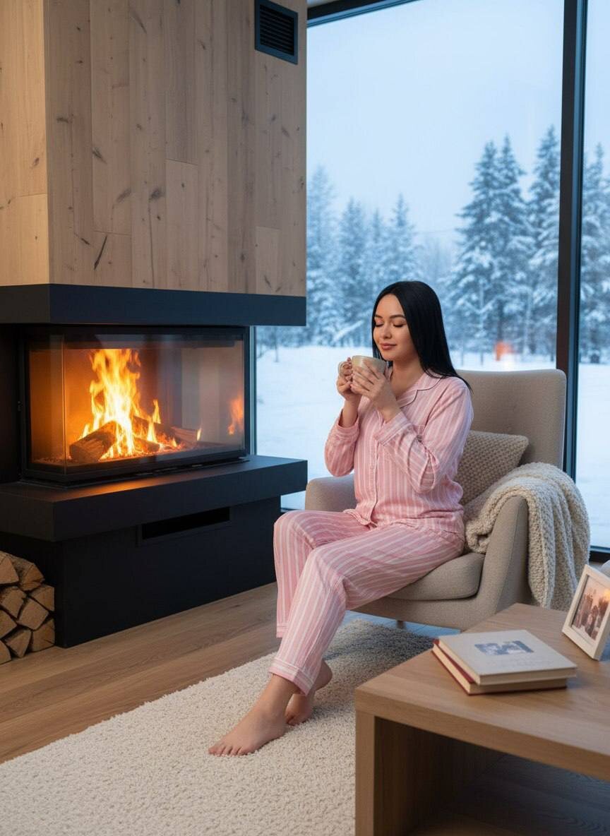Девушка в розовой пижаме пьет чай у камина зимним вечером — www.promtyi.com