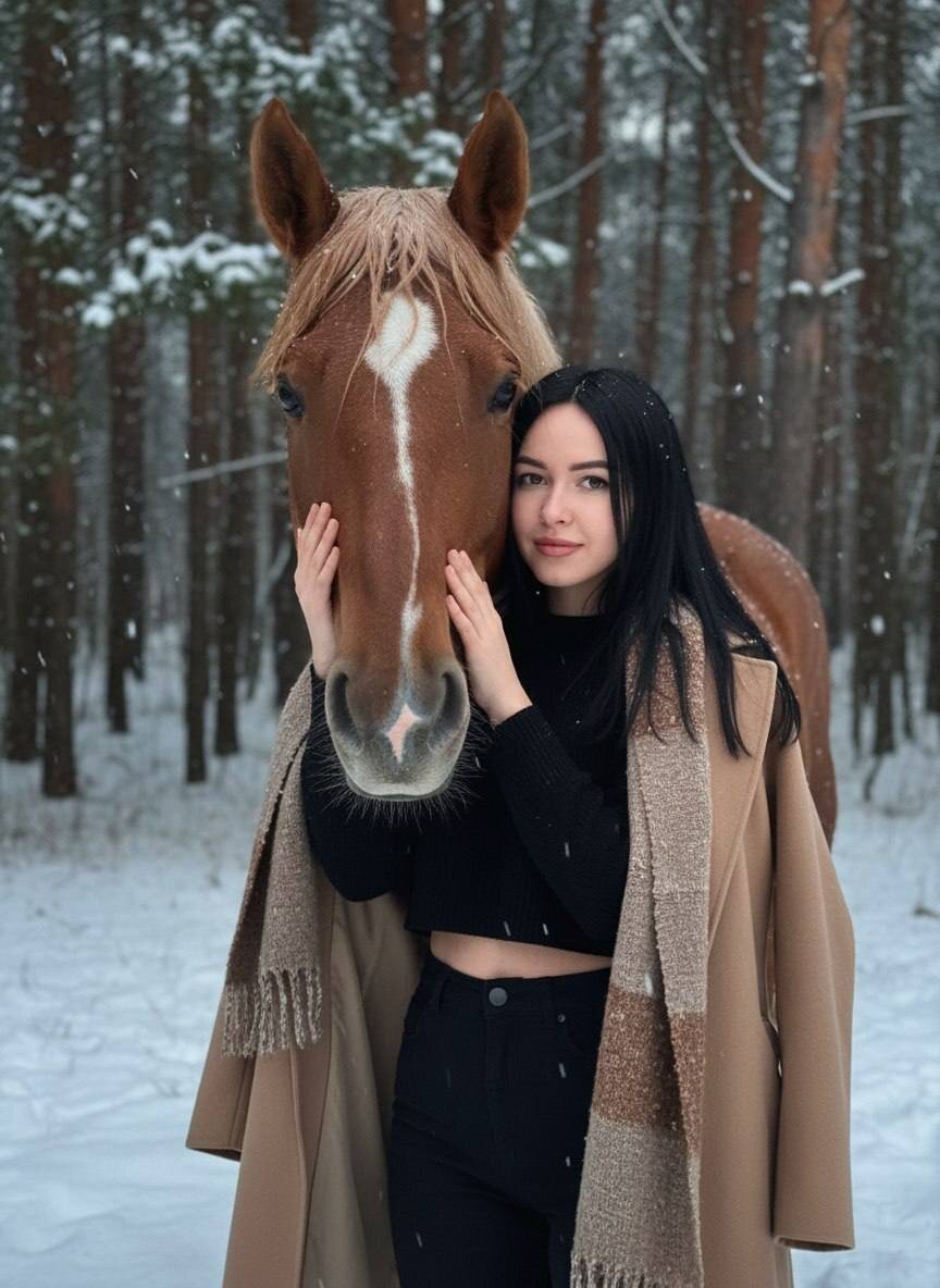 Девушка в пальто обнимает лошадь в зимнем лесу — www.promtyi.com