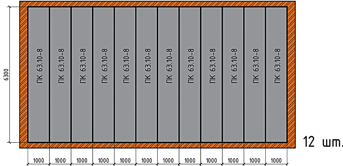 Рис. 2 - Раскладка плит перекрытий с шириной плит 1000 мм.