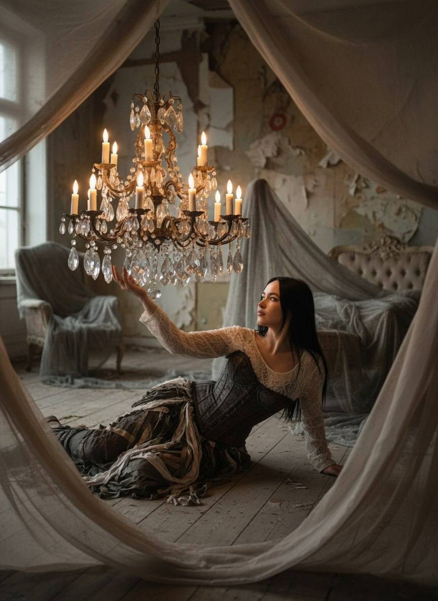 Девушка в винтажном корсете у хрустальной люстры со свечами в атмосферном будуаре — www.promtyi.com