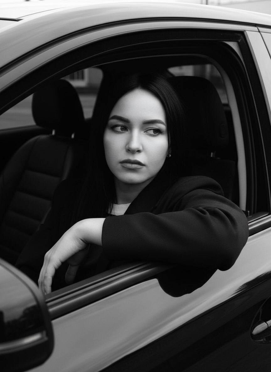 Девушка смотрит из открытого окна машины — www.promtyi.com