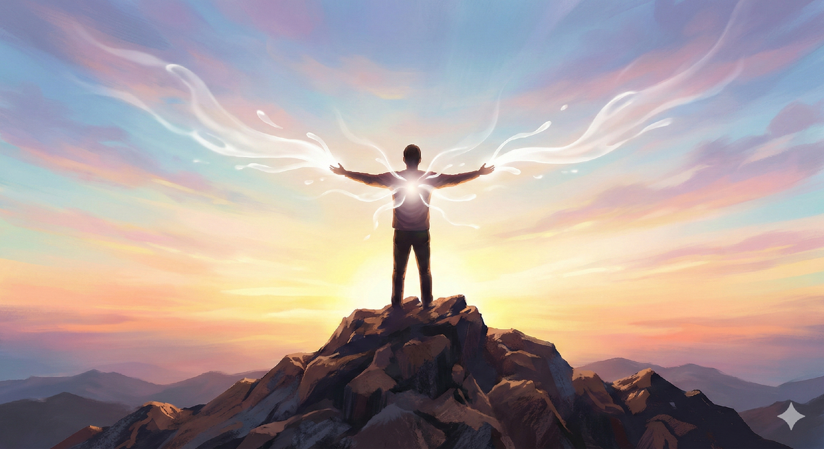 Человек на вершине горы, наполненный светом. Метафора соединения с источником.