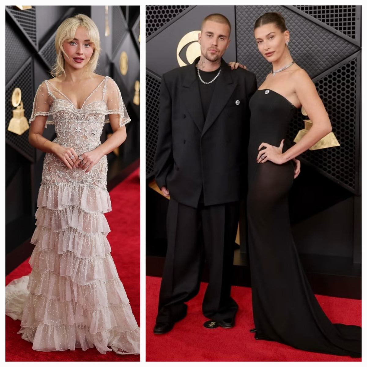 Сабрина Карпентер, Джастин и Хейли Бибер на церемонии Grammys 2026. Материал: Rolling Stone и Andrew Mukamal.