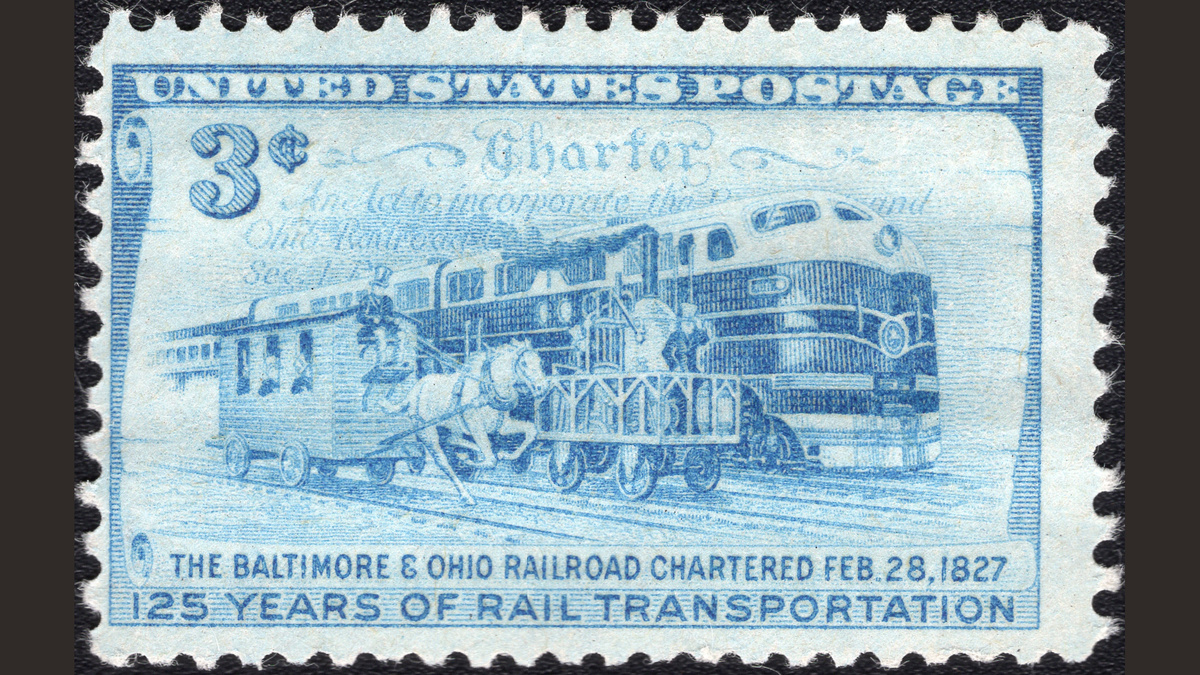 1. Соединенные Штаты Америки, 1952 год, № 624. Железная дорога Балтимор - Огайо была зафрахтована 28 февраля 1827 года на 125 лет железнодорожных перевозок. В галерее два конверта первого дня (нажмите правую стрелку).