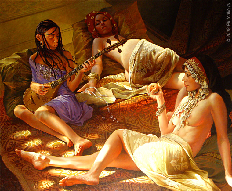 КАРТИНА ХУДОЖНИКА СТАНИСЛАВА ПЛУТЕНКО ПОД НАЗВАНИЕМ " ДЕВУШКИ НА АРАБСКОМ ПОКРЫВАЛЕ " 2008 ГОД