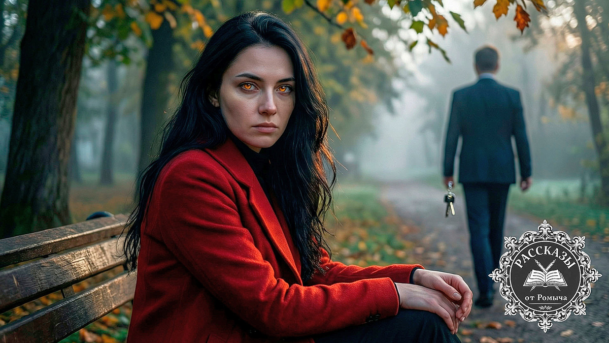 Женщина в красном пальто сидит на скамейке в парке, глядя в пустоту, пока ее муж уходит с ключами от квартиры