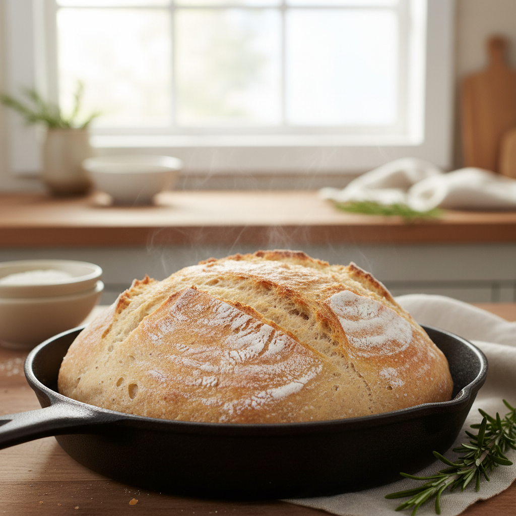 Аппетитный домашний хлеб на сковороде. Мягкая текстура и румяная корочка.