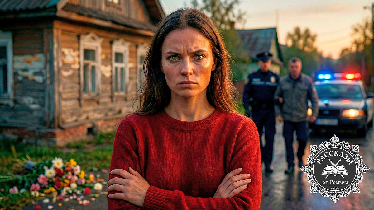 Молодая женщина в красном свитере наблюдает за арестом мужа на фоне старого деревенского дома