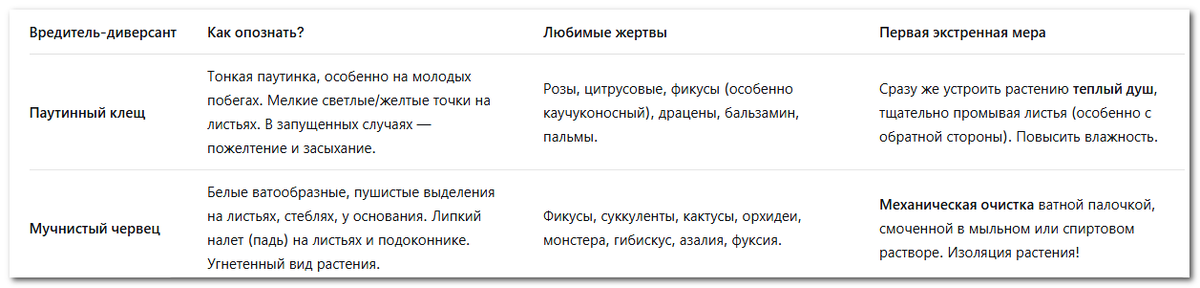 Таблица: что любят паутинный клещ и мучнистый червец
