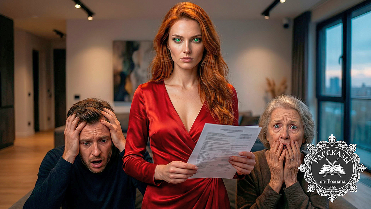 Женщина в красном платье предъявляет доказательства обмана мужу и свекрови в гостиной