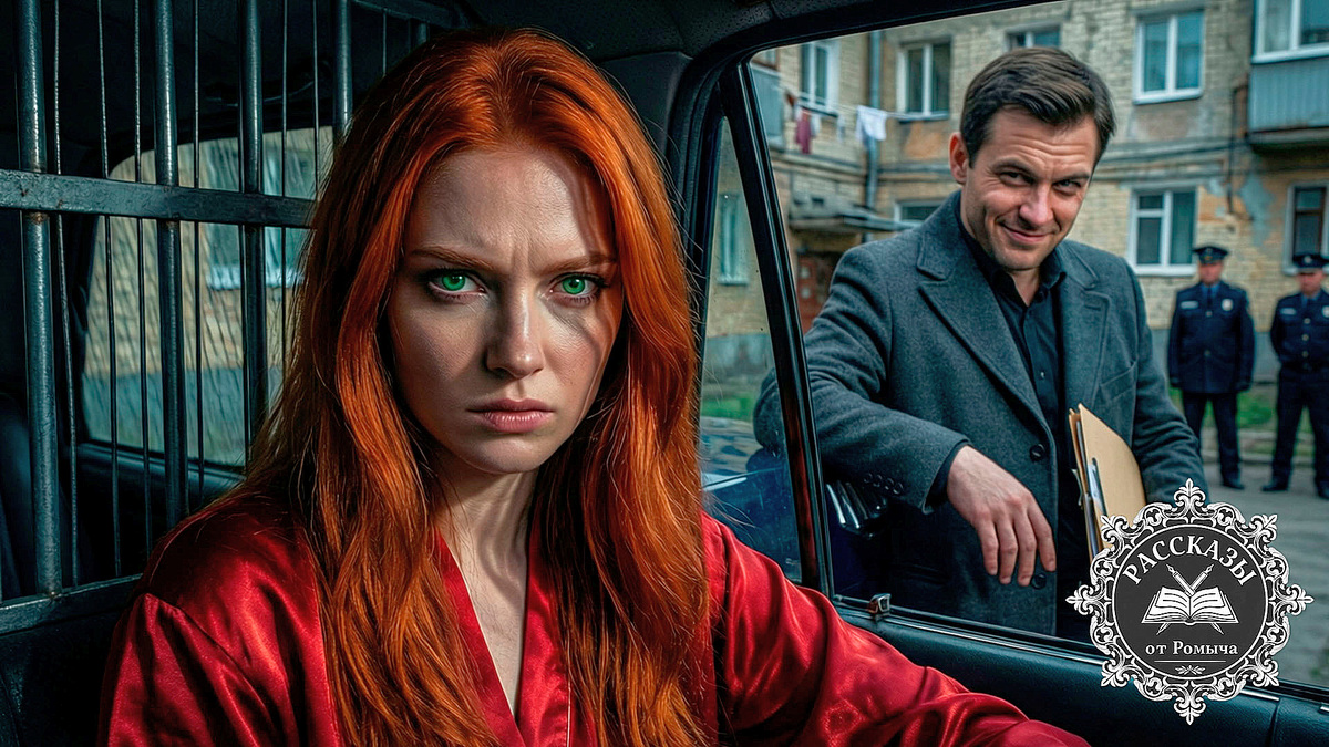 Женщина в красном халате за решеткой полицейского фургона смотрит на мужа с документами