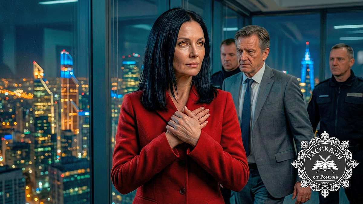 Женщина в ярко-красном жакете наблюдает за задержанием бывшего начальника в своем офисе