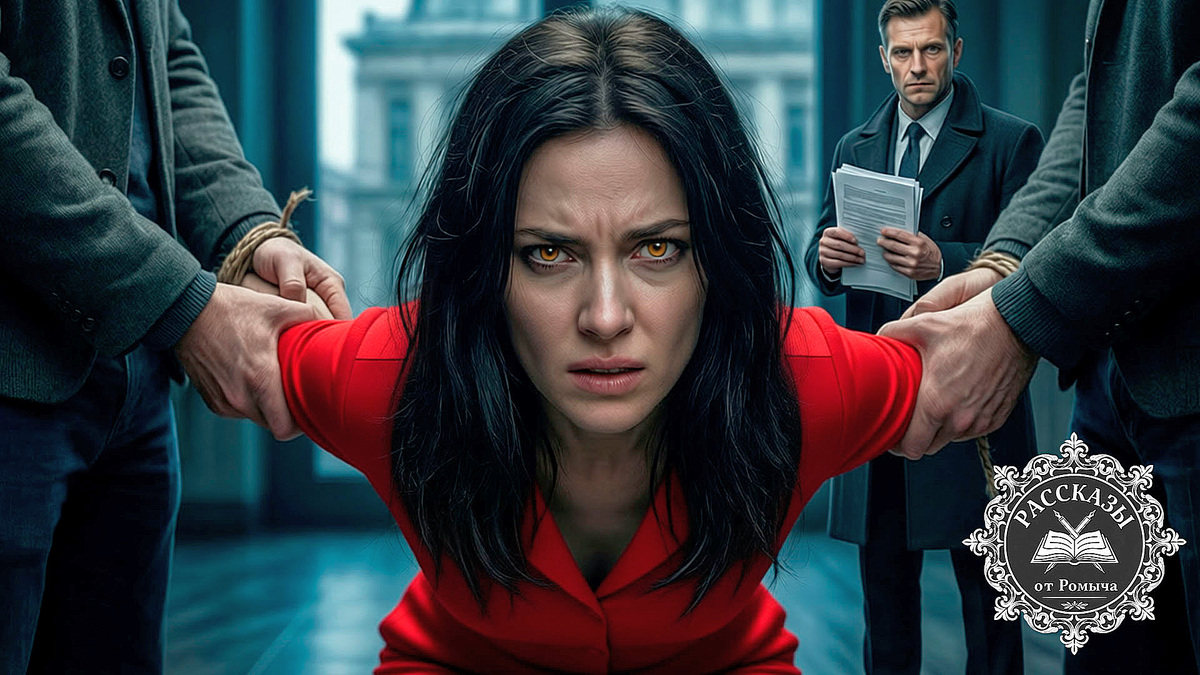 Молодая женщина в ярко-красной одежде схвачена неизвестными на фоне загородного дома, пока ее муж холодно наблюдает за происходящим