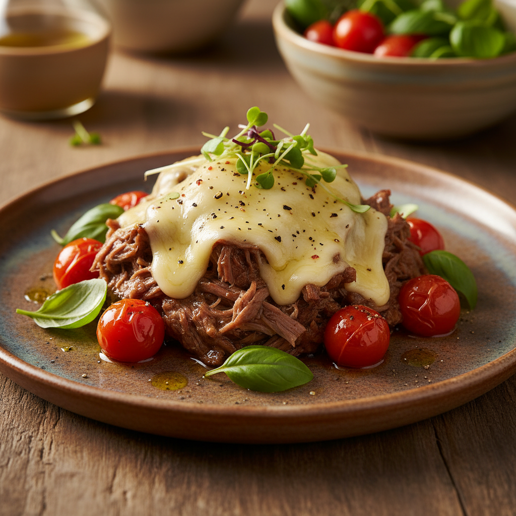 Ближе к деталям: мясо с сыром и томатами, без майонеза, но сочно!