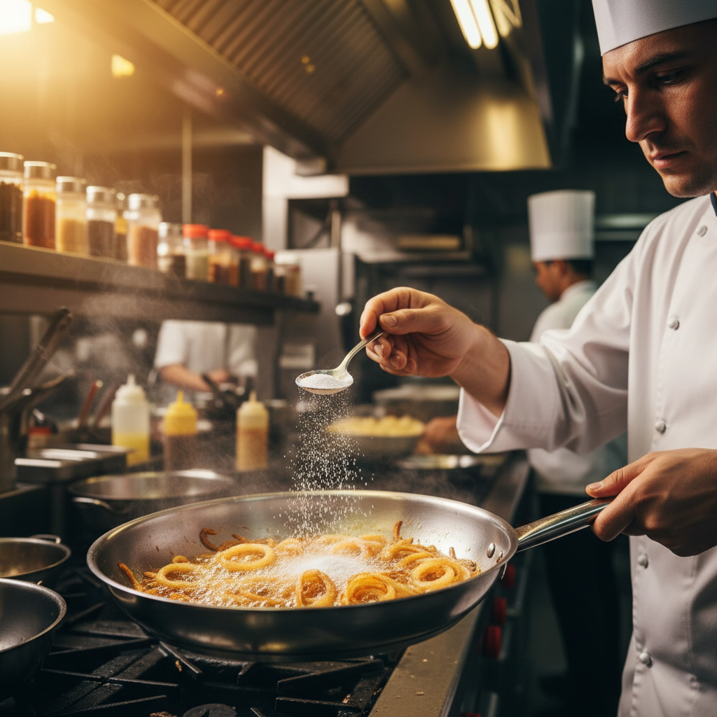 Технологический лайфхак: сода на кончике ложки над луком в руке профессионала.