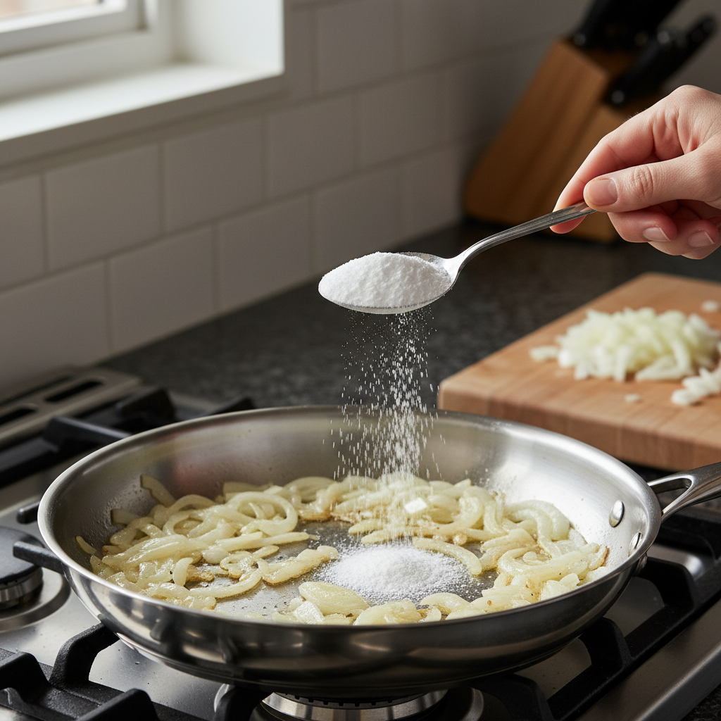 Процесс жарки: сода добавляется к уже нарезанному луку — важна точная доза.