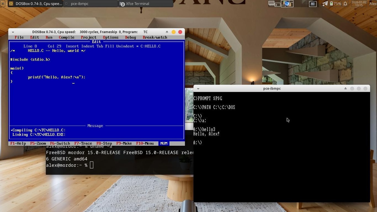 Слева направо: Borland Turbo C 2.01 из 1989 года, FreeBSD 15 от 2025го и PC DOS 2.0 из 1983.