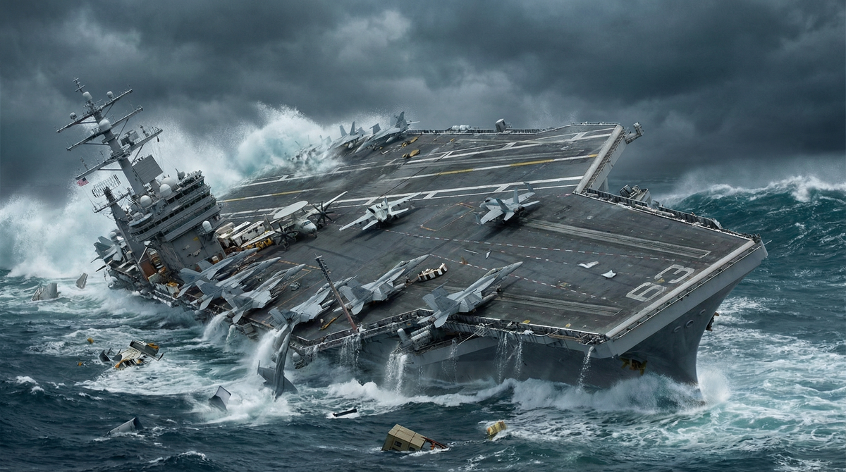 Это иллюстрация. Американский авианосец типа «Нимиц» - настоящий, но «уронил» я его в фотошопе. Реальных фото современных тонущих авианосцев в архивах нет