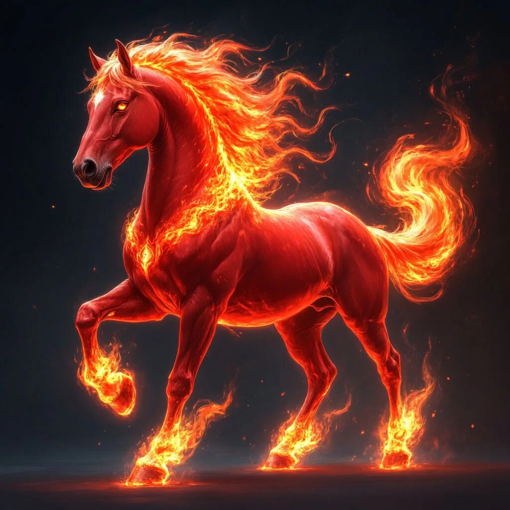 Красная Огненная Лошадь. Иллюстрация сгенерирована нейросетью