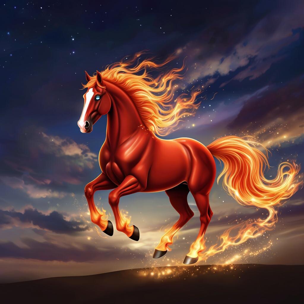 Красная Огненная Лошадь. Иллюстрация сгенерирована нейросетью