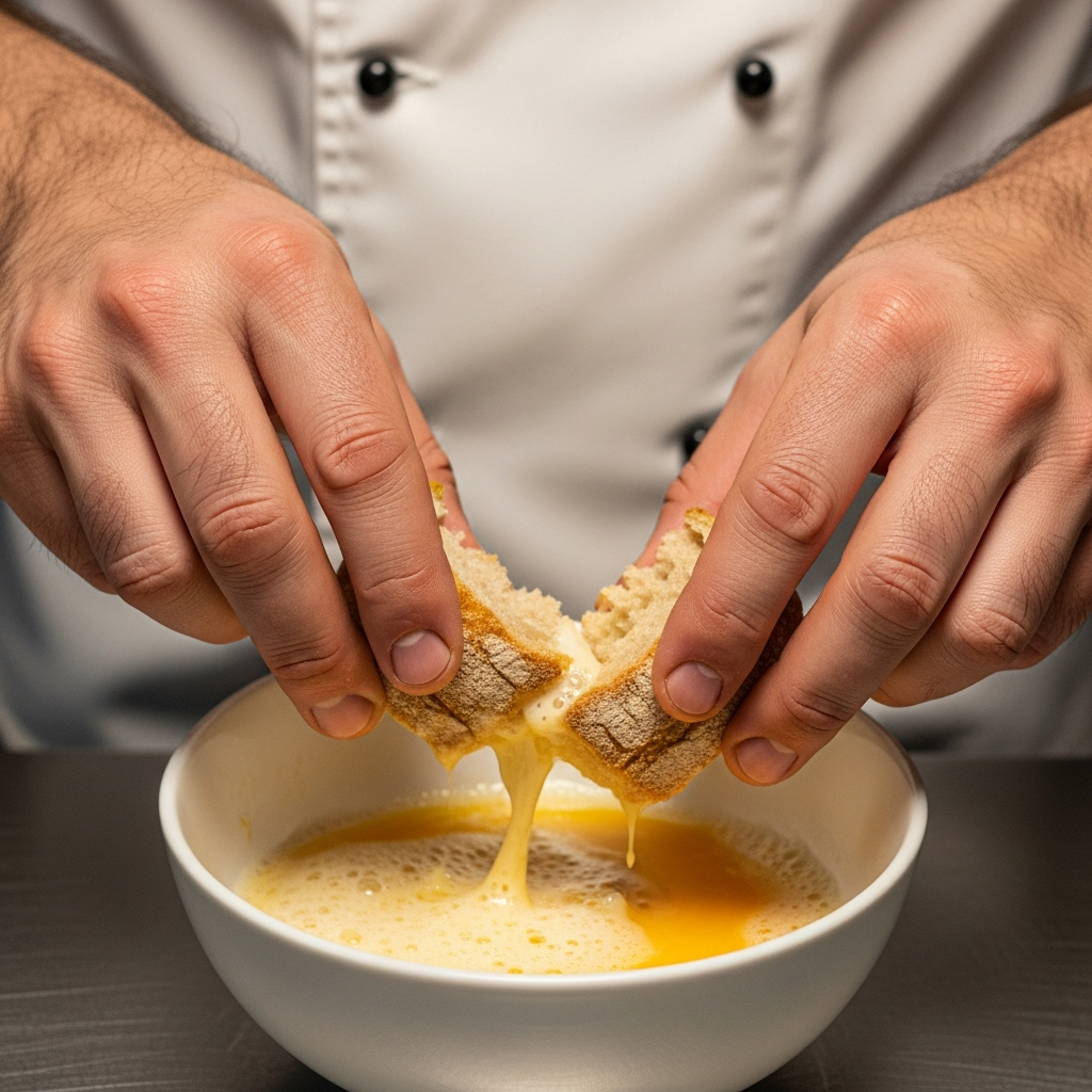 Руки мастера: окунаем сэндвич в яичную смесь быстро, чтобы хлеб не размок.