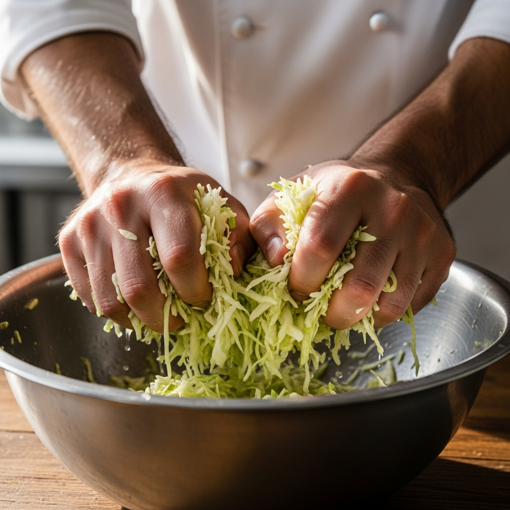 Мужские руки мастера знают: правильное нажатие — залог нежности салата.