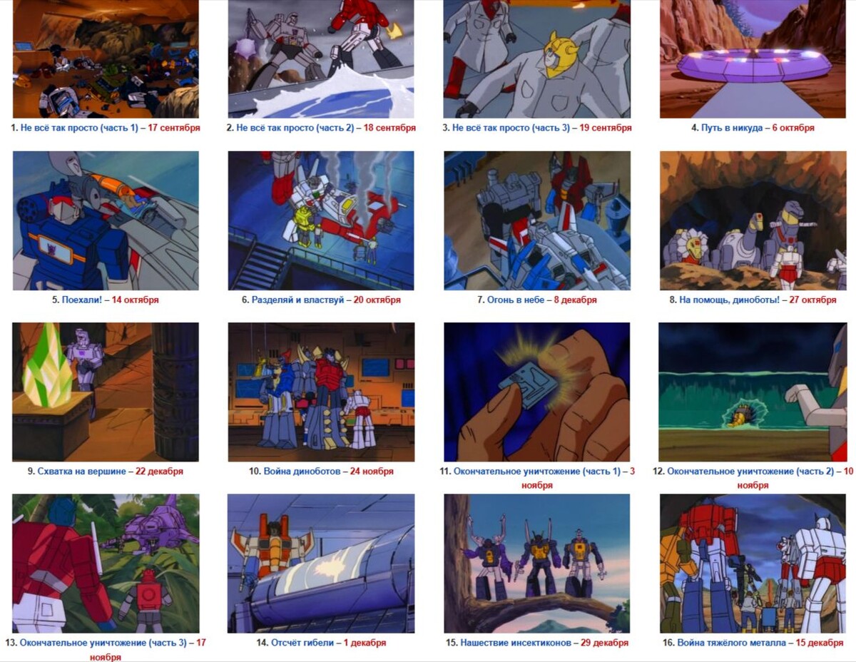 16 эпизодов первого сезона и даты их показа в США в 1984 году