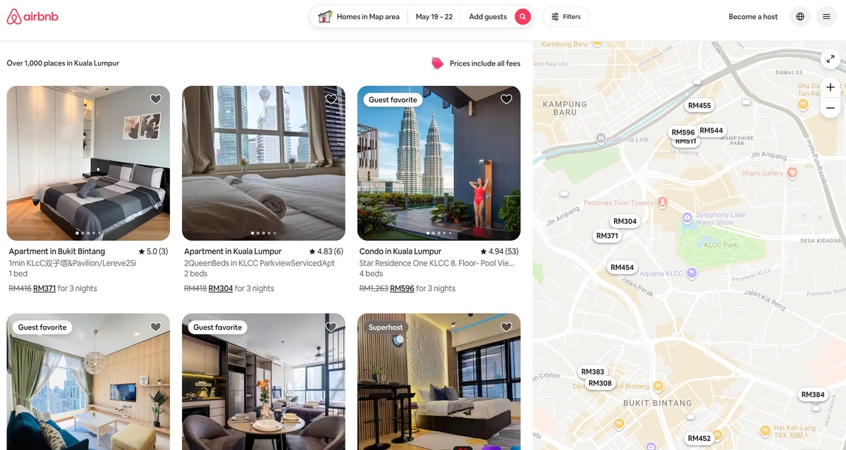   Интерфейс AirBNB: поиск жилья и карта с локациями — полезно, когда выбираете в центре KL.
