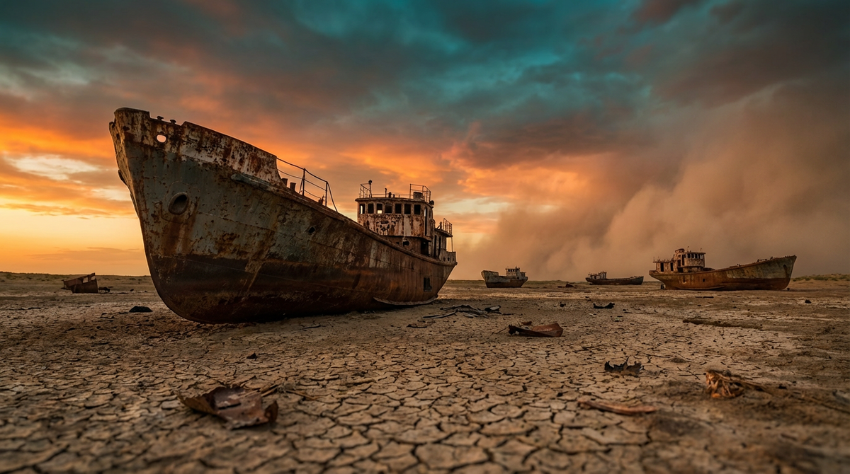 «Корабли пустыни» здесь — это не верблюды. Это ржавые призраки советского флота.