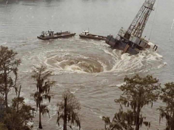 1980 год. Огромное озеро вытекло через воронку и поглотило 11 барж