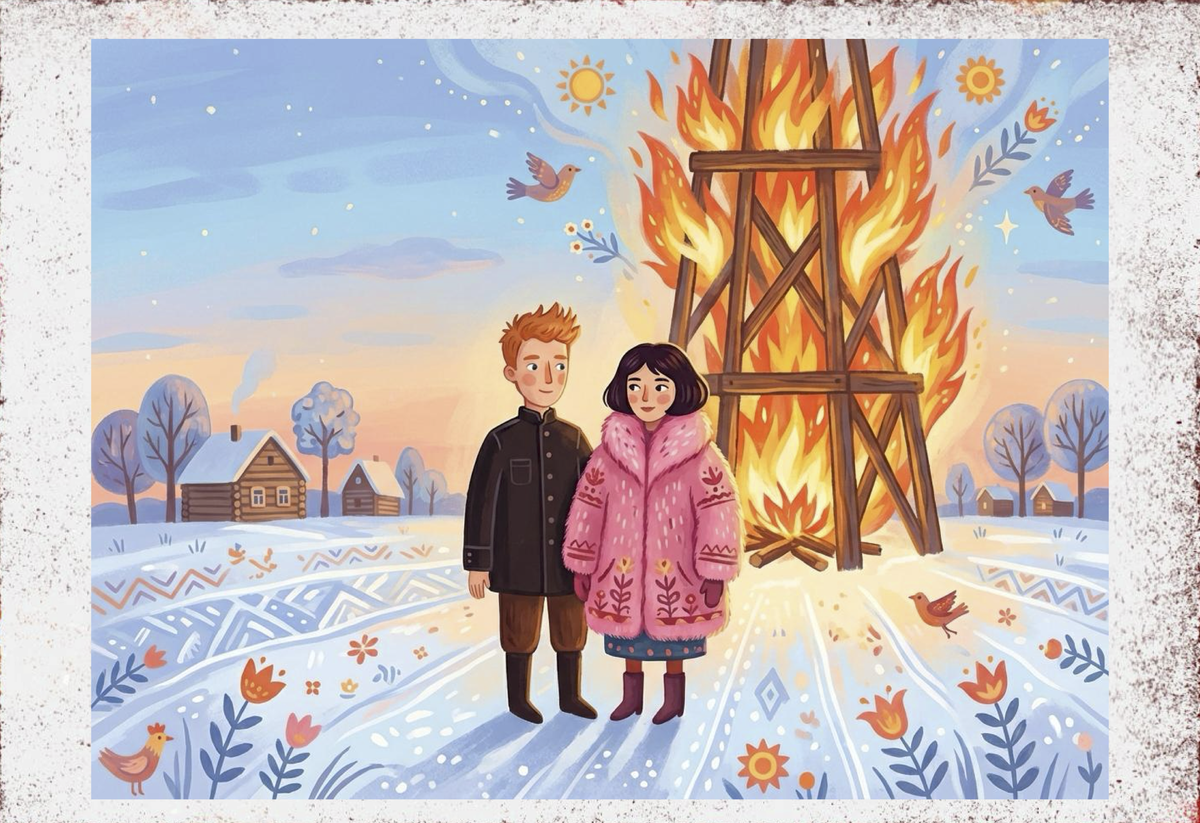 Нарядные герои истории – московские хипстеры Максим и Ольга на праздновании масленицы в Никола-Ленивце