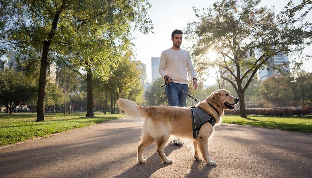Хозяин на прогулке с своим другом.