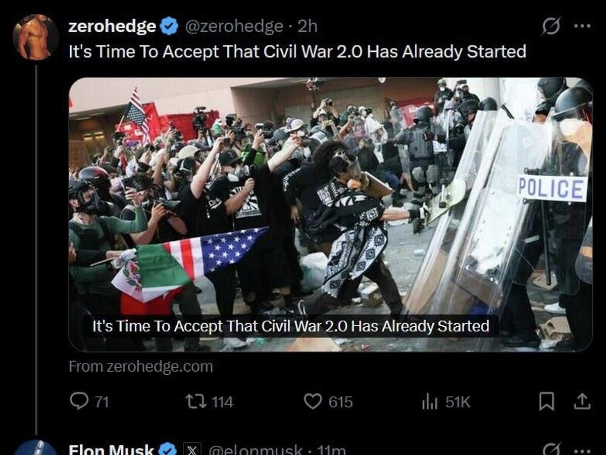    Ответ Маска на статью о том, что гражданская война в США уже началась | © Elon Musk/X