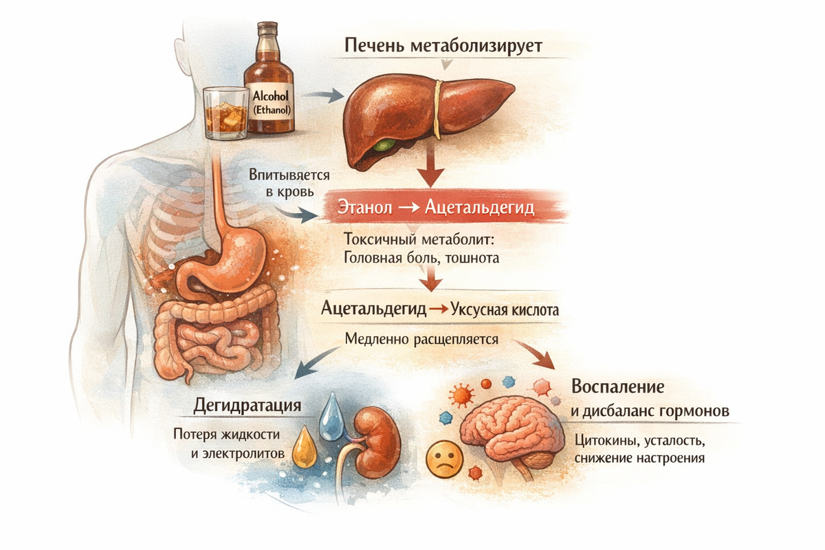Ацетальдегид - это безопасно, но печень делает это медленно, особенно при больших дозах алкоголя. Но по итогу мы имеем обезвоживание и плохое самочувствие
