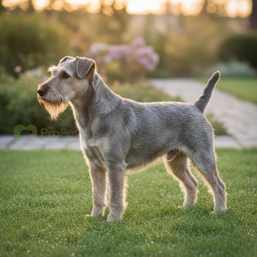 Чешский терьер серебристо-серого окраса стоит в профиль на зеленой траве.