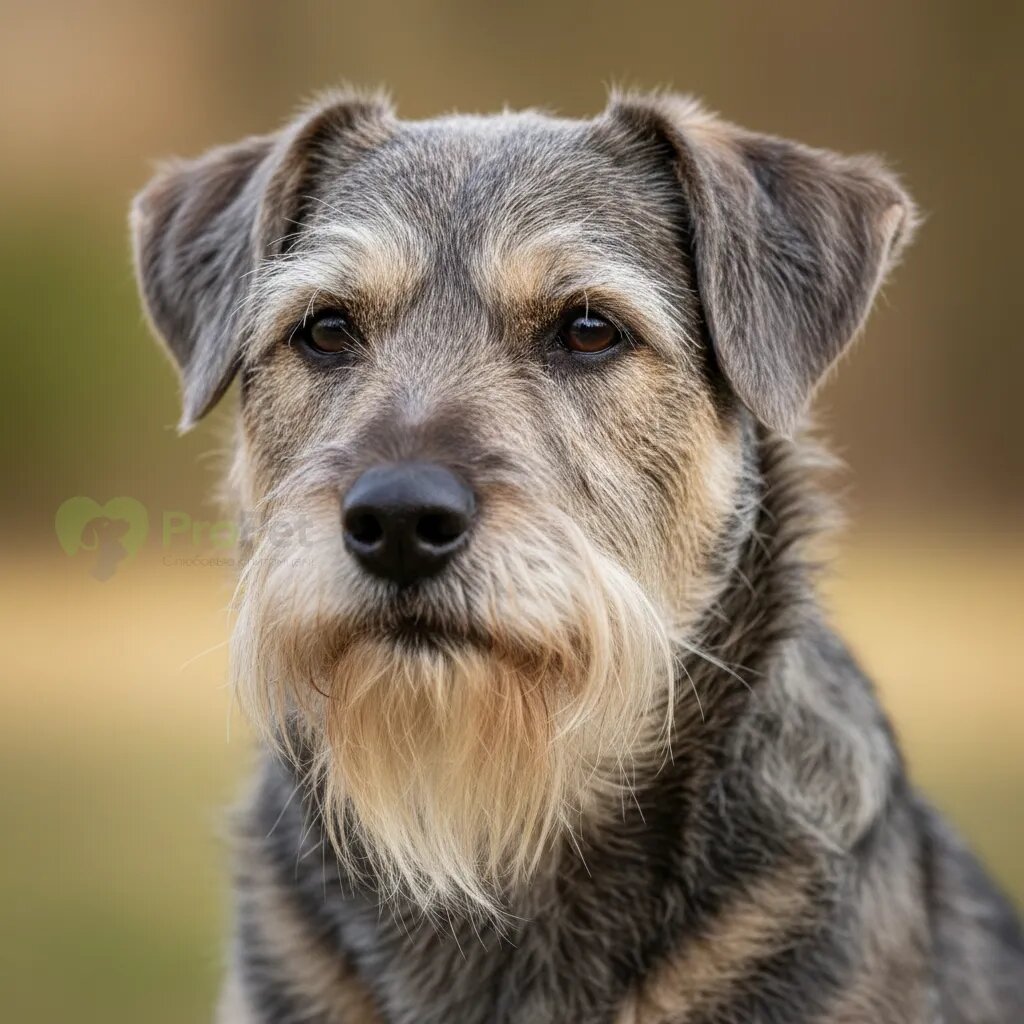 Крупный план морды чешского терьера с характерной бородой и усами.