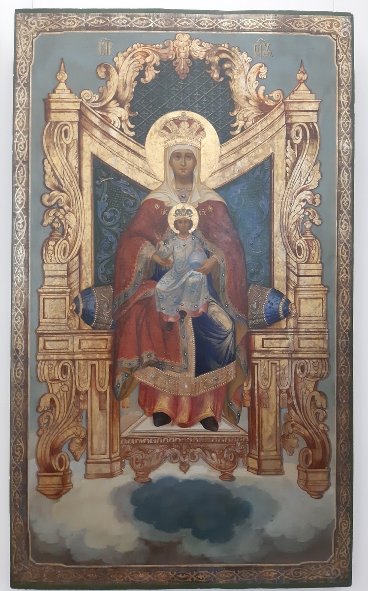 БОГОМАТЕРЬ С МЛАДЕНЦЕМ НА ПРЕСТОЛЕ.  Вторая половина XIX века. Дерево, левкас, масло, золочение