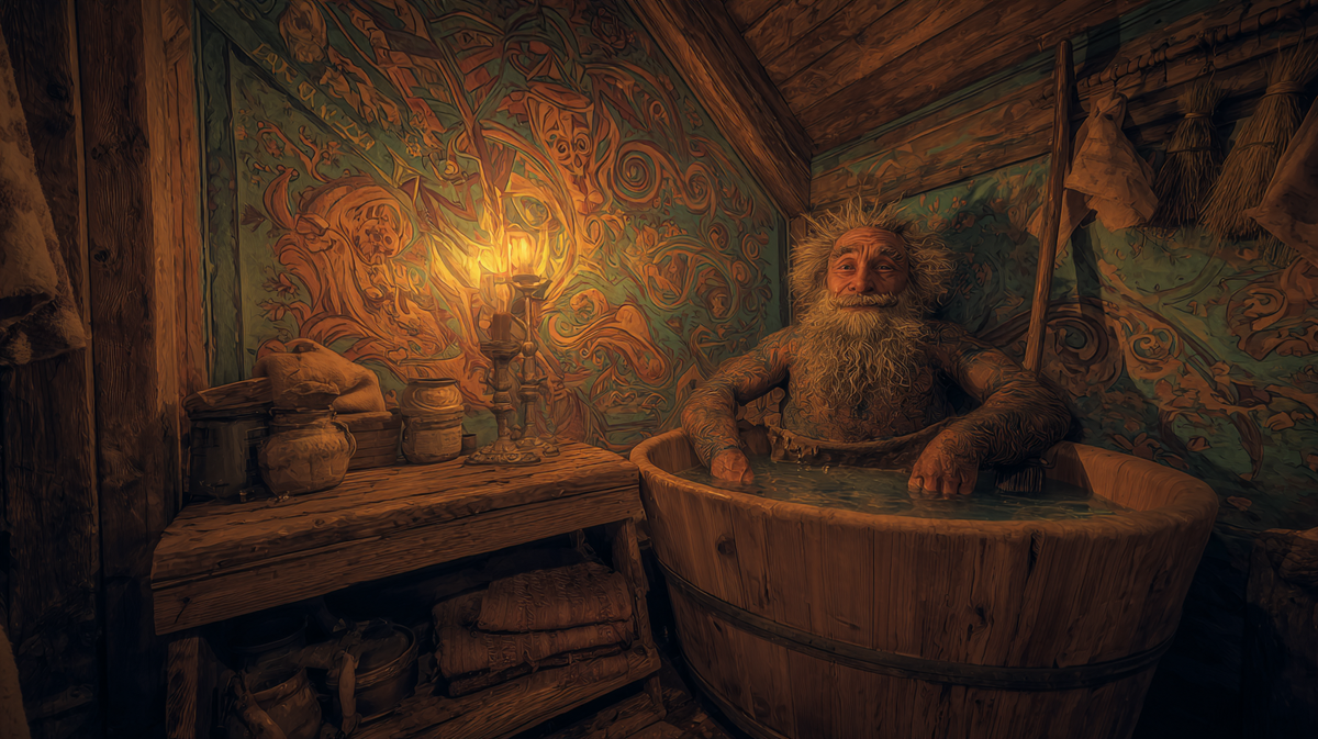 Вот он, настоящий обитатель парной: милый старичок с зелёной бородой, веником похлопывает, загадочно улыбается. Не боишься ли встретить такого духа в собственной бане, когда пар?