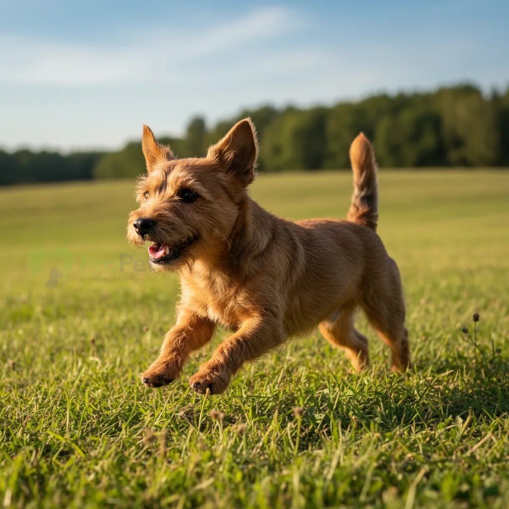 Норвич-терьер весело бежит по траве
