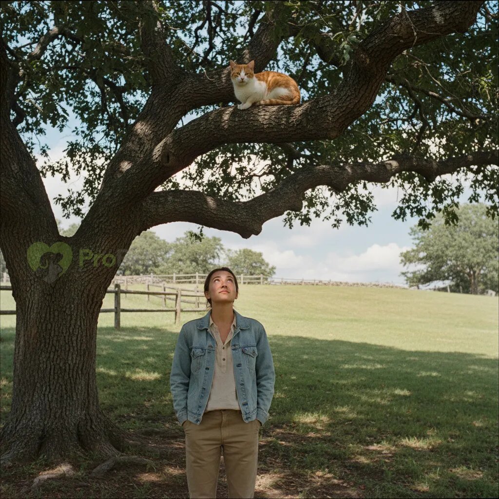 Владелец стоит под деревом и спокойно смотрит на кота наверху.