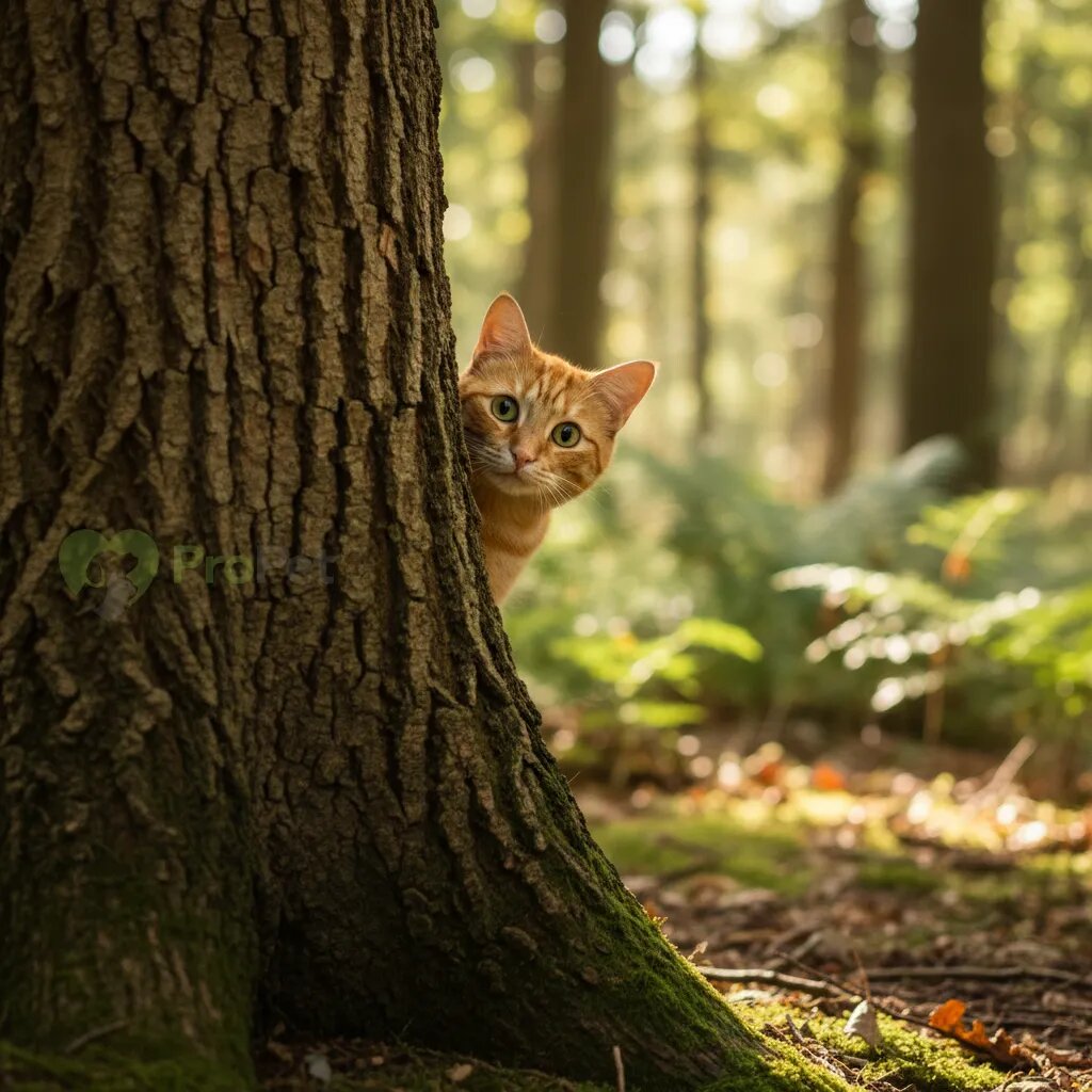 Кот любопытно выглядывает из-за ствола дерева.