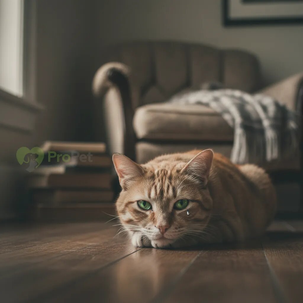 Грустная кошка лежит на полу