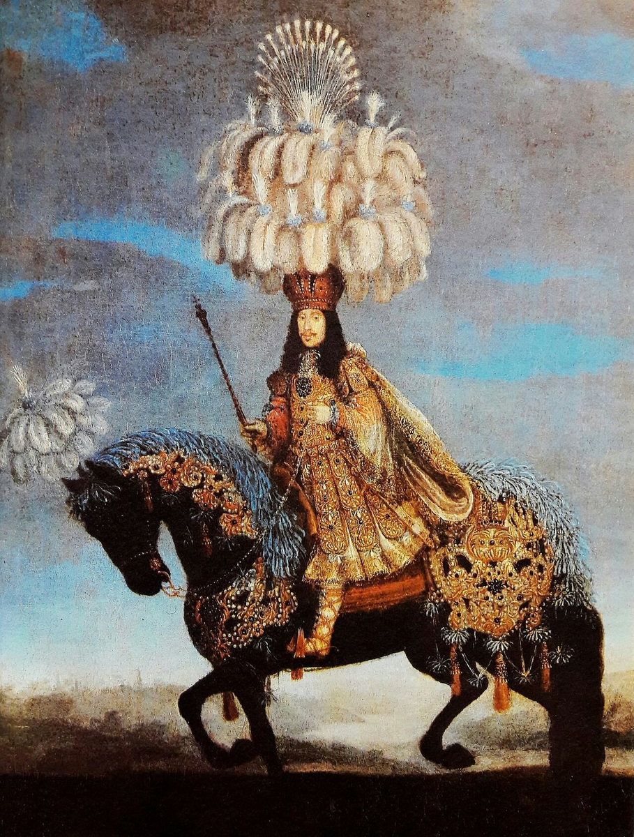 Кайзер Леопольд Первый. Мы видим не только высоченный эгрет из страусиных перьев у него на голове, но и лошадь украшена роскошным плюмажем